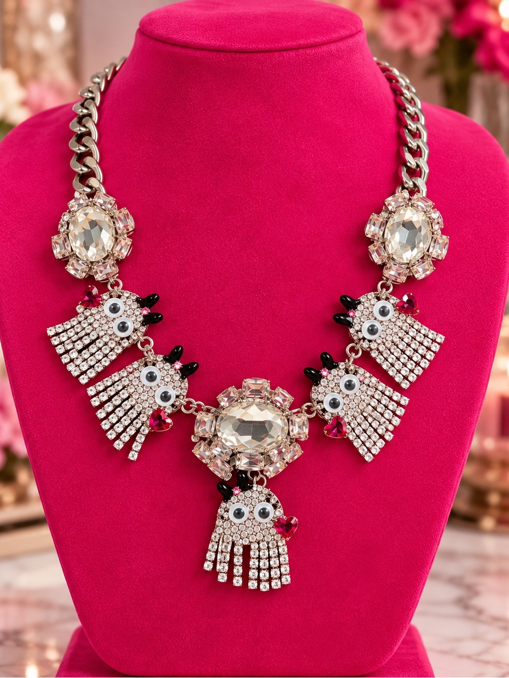 RARE Betsey Johnson Rhinestone Ghost Halloween Statement Necklace
